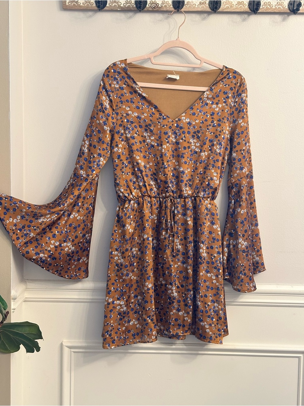 Peach Love California Mustard Floral V-Neck Mini Dress with Bell Sleeves